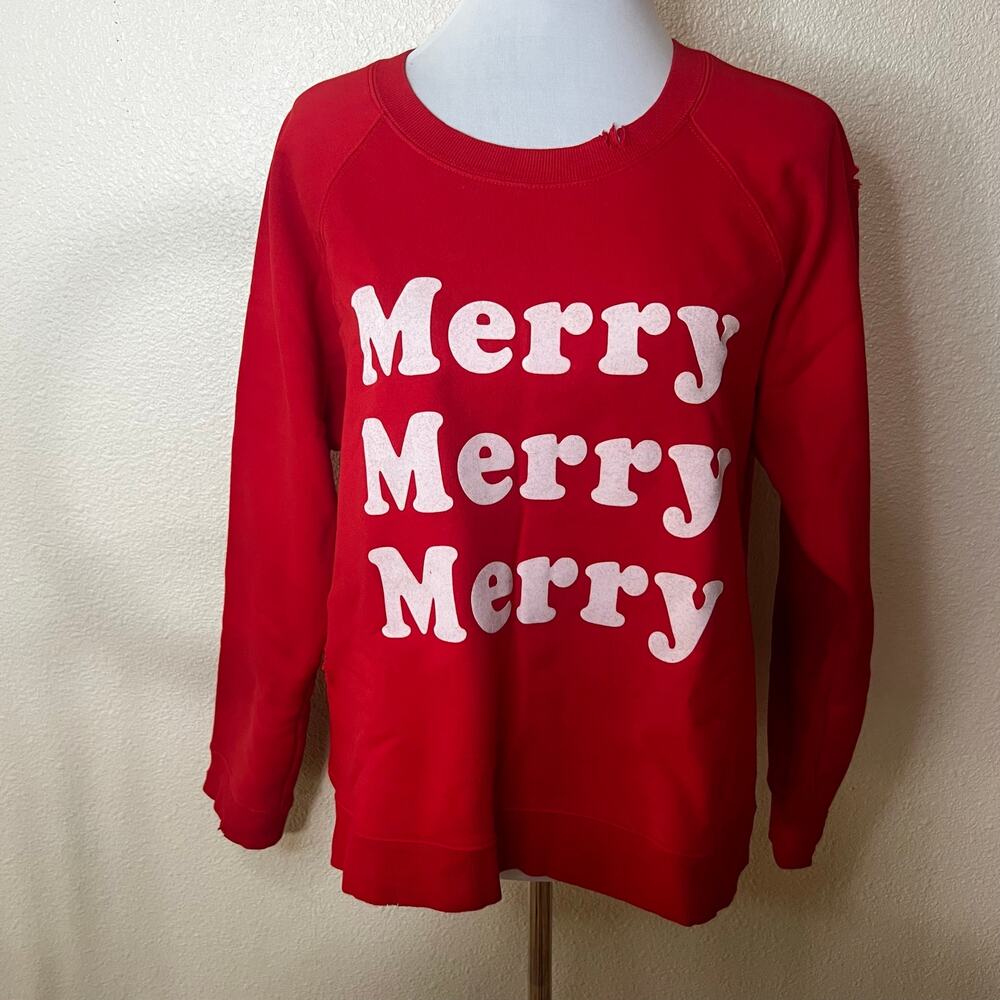 Show Me Your Mumu SMYM Cole Sweater Merry Merry Graphic distressed red X-LARGE